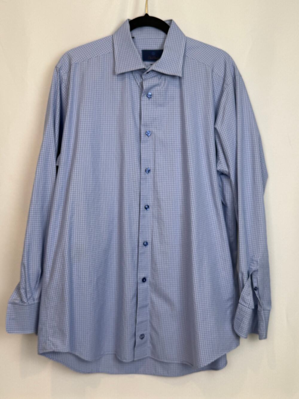David Donahue Trim Fit Periwinkle Blue Check Dress Shirt 17.5 34/35